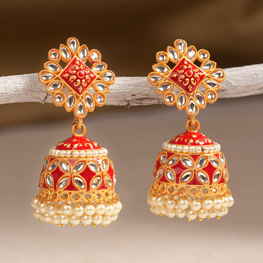 Juhi- Stone Studded Hanging Pearl Jhumki Earrings