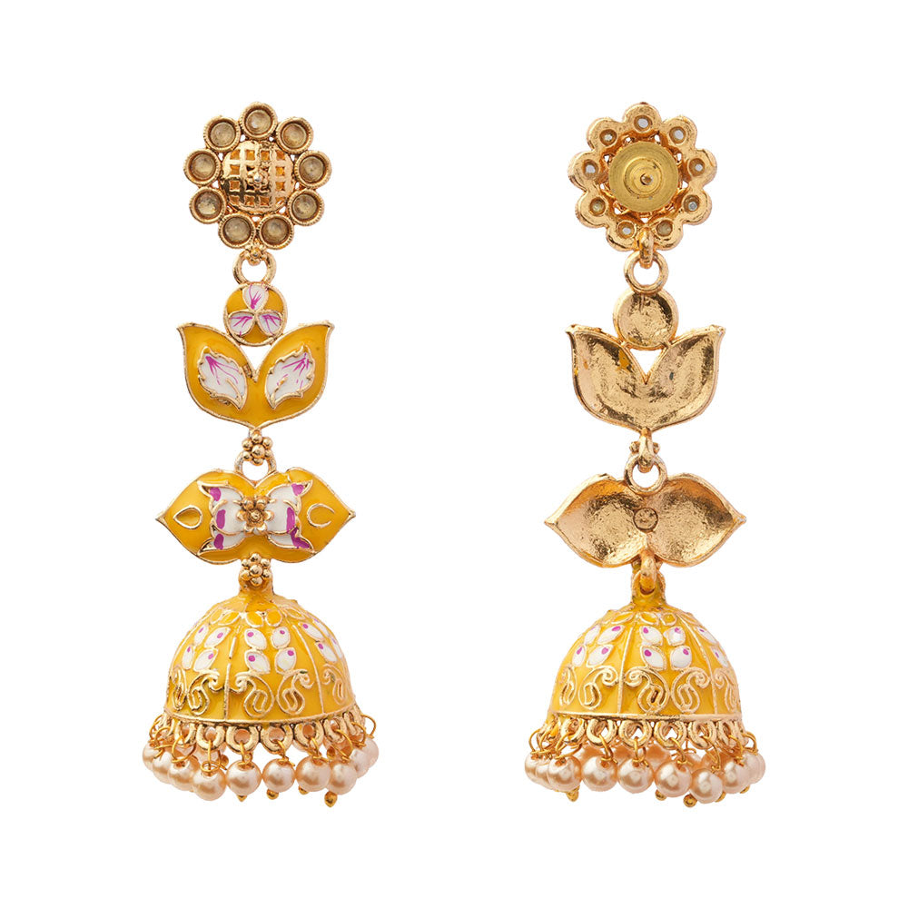 Kalika- Stone Studded Hanging Pearl Jhumki Earrings(Yellow)