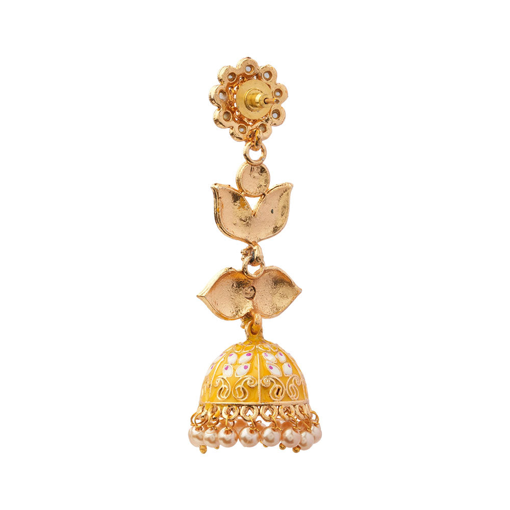 Kalika- Stone Studded Hanging Pearl Jhumki Earrings(Yellow)
