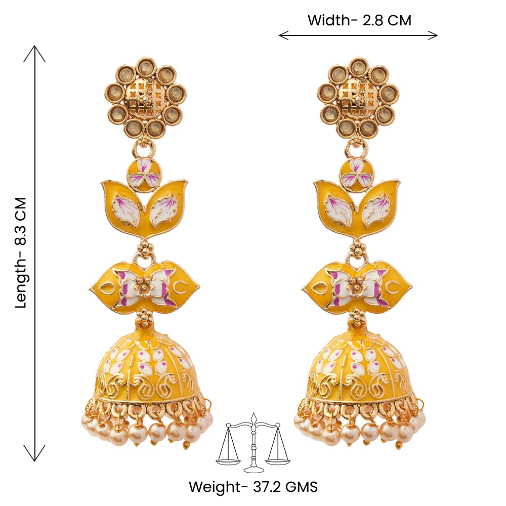 Kalika- Stone Studded Hanging Pearl Jhumki Earrings(Yellow)