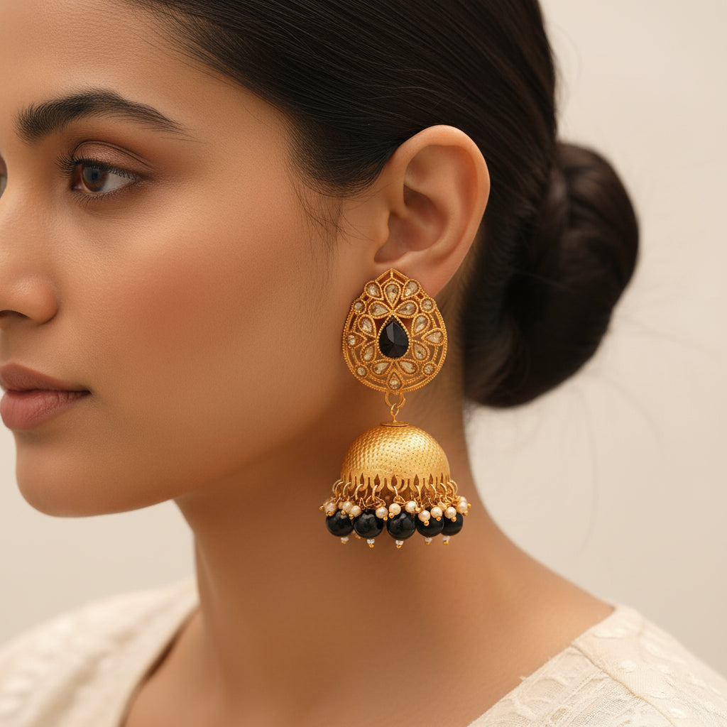 Kanika- Stone Studded Hanging Pearl Jhumki Earrings