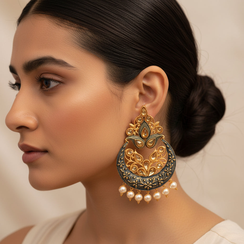 Kashvi- Stone Studded Hanging Pearl Dangler Earrings