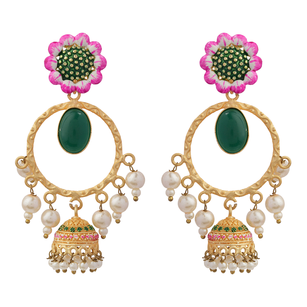Laila – Stone-Studded Hanging Pearl Jhumki Earrings (Green)