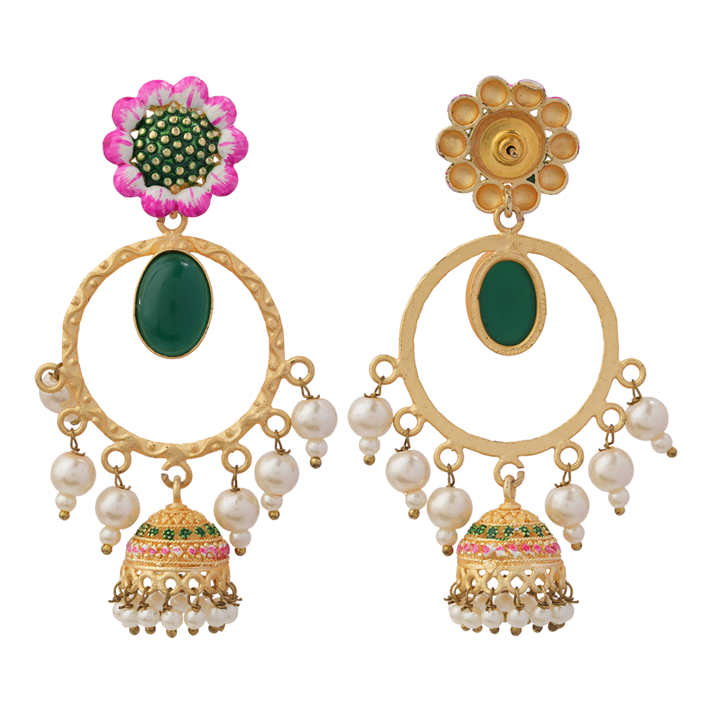 Laila – Stone-Studded Hanging Pearl Jhumki Earrings (Green)