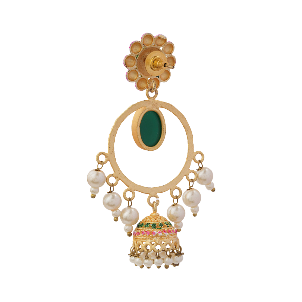 Laila – Stone-Studded Hanging Pearl Jhumki Earrings (Green)