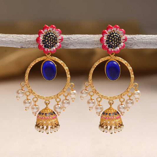 Laila- Stone Studded Hnaging Pearl Jhumki Earrings(Blue)