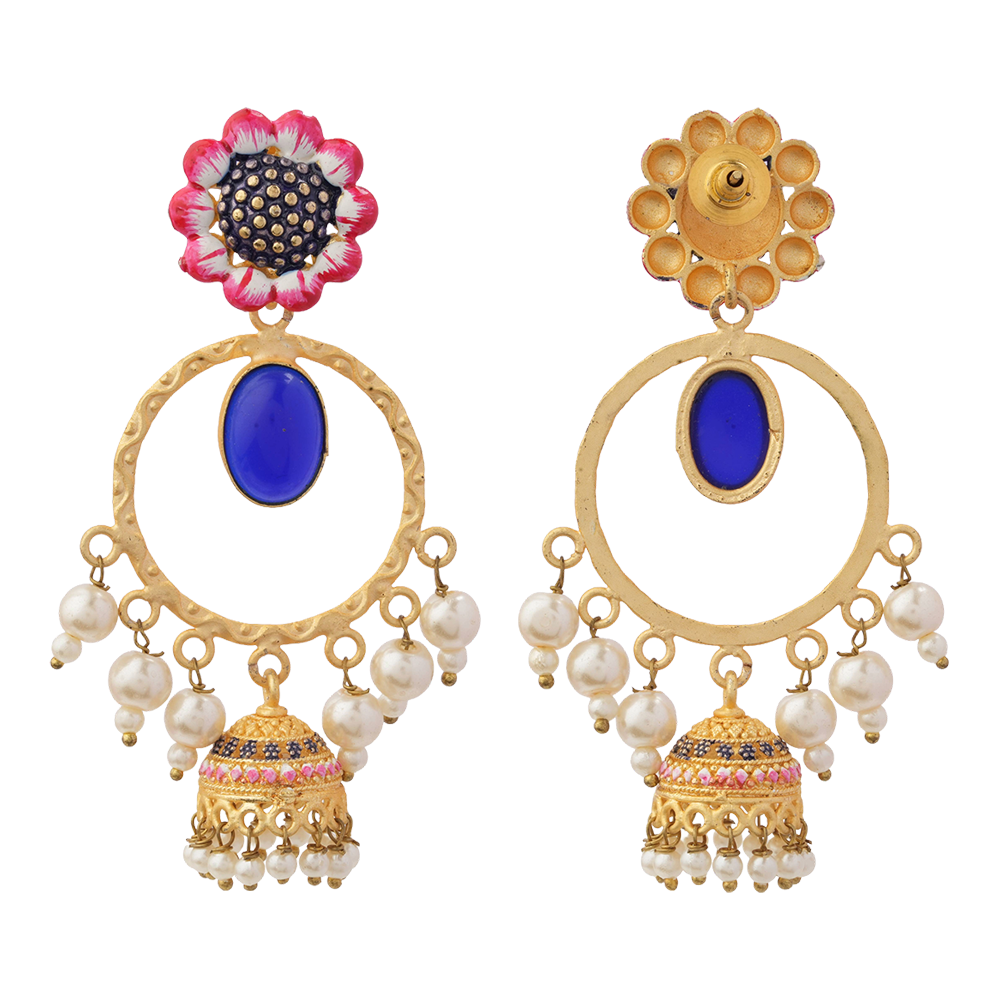 Laila- Stone Studded Hnaging Pearl Jhumki Earrings(Blue)