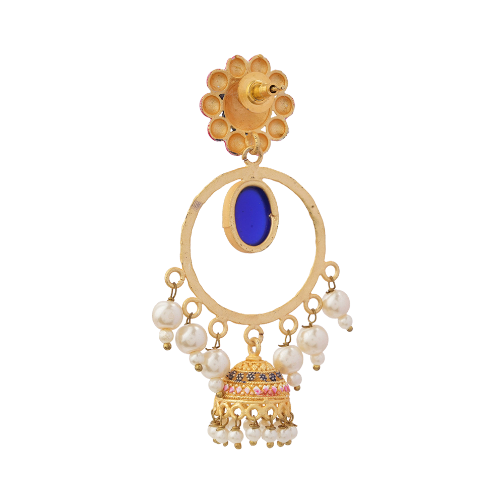 Laila- Stone Studded Hnaging Pearl Jhumki Earrings(Blue)