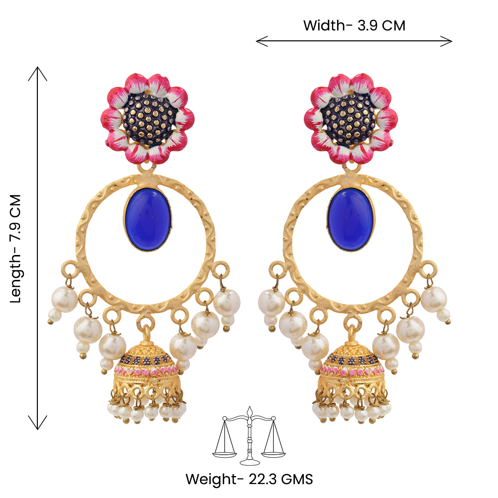 Laila- Stone Studded Hnaging Pearl Jhumki Earrings(Blue)