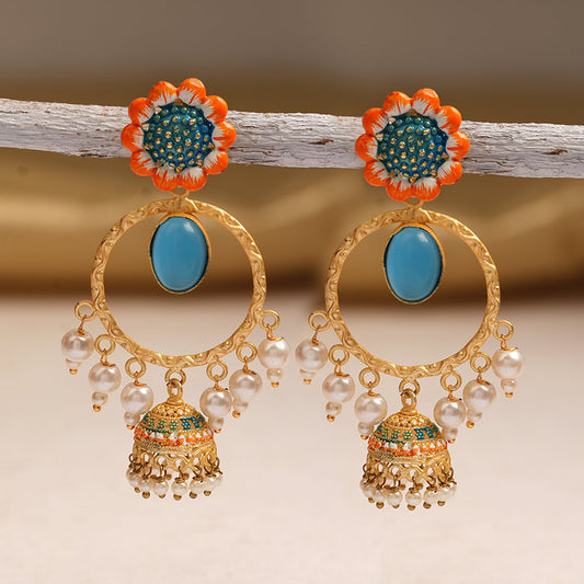 Laila- Stone Studded Hnaging Pearl Jhumki Earrings(Sky Blue)
