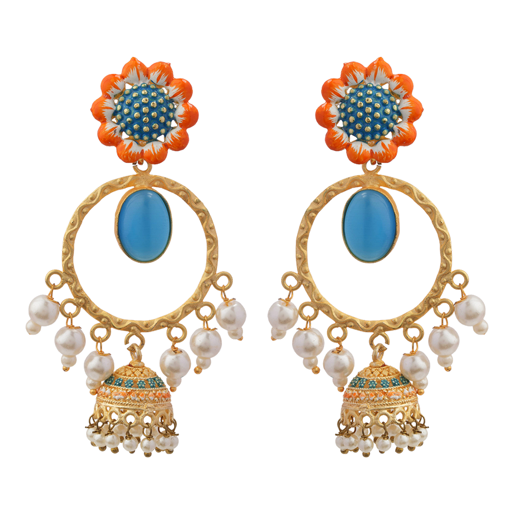 Laila- Stone Studded Hnaging Pearl Jhumki Earrings(Sky Blue)