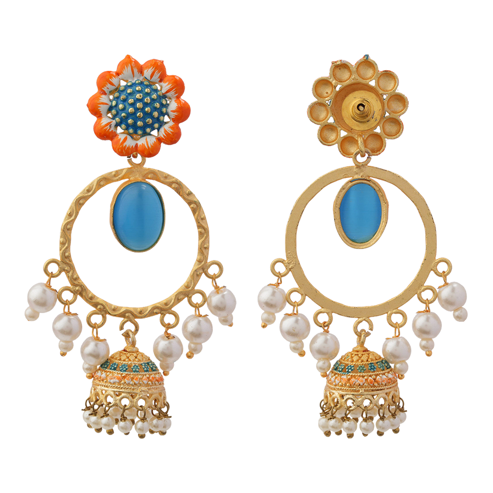 Laila- Stone Studded Hnaging Pearl Jhumki Earrings(Sky Blue)