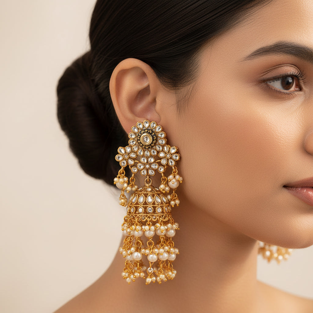 Maira- Stone Studded Hanging Pearl Dangler Earrings