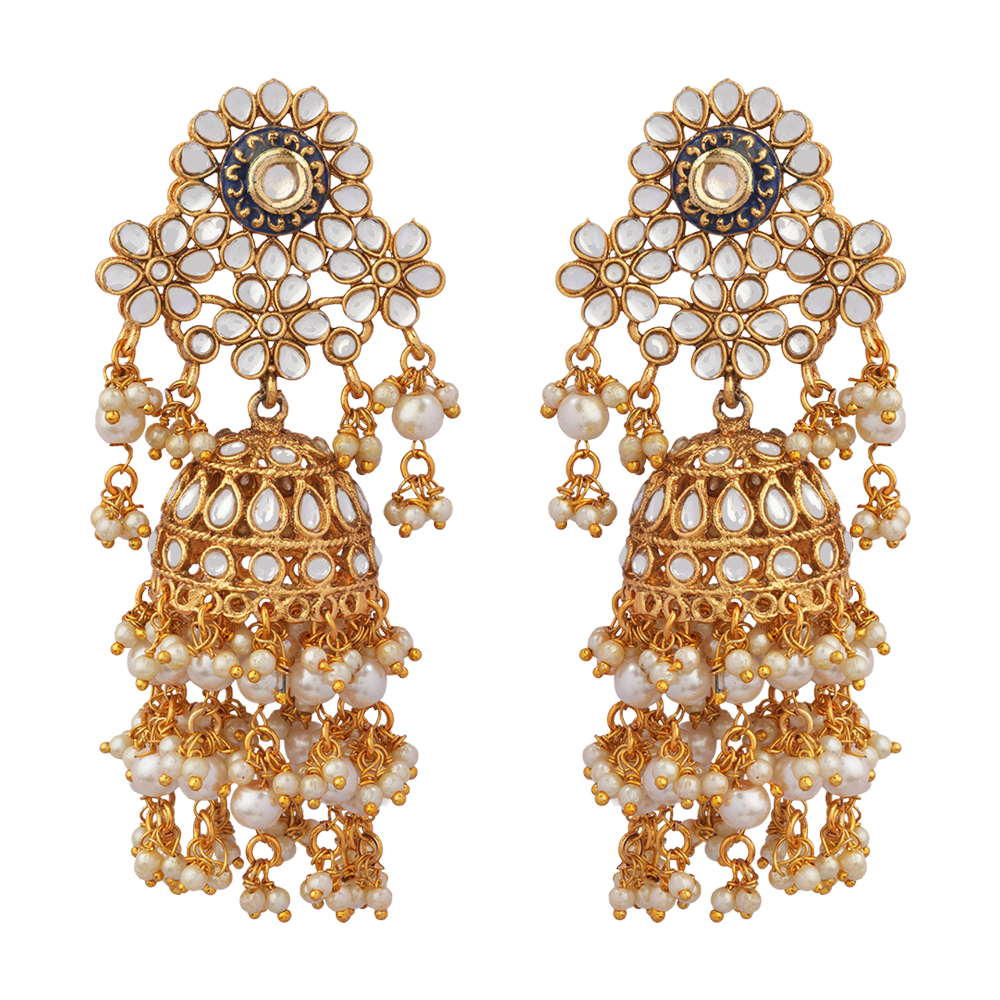 Maira- Stone Studded Hanging Pearl Dangler Earrings