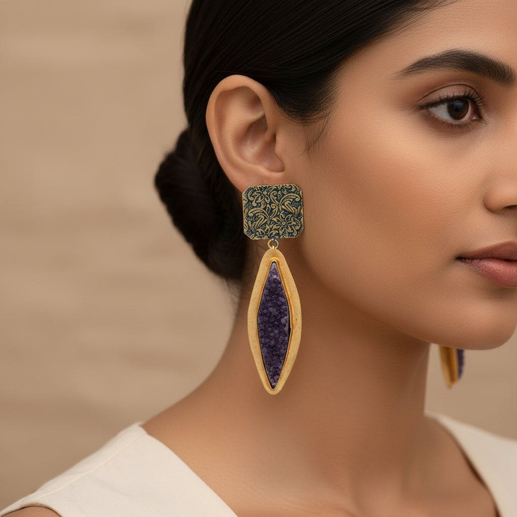 Malini- Unpolished natural stone embedded Dangler Earrings(Blue)