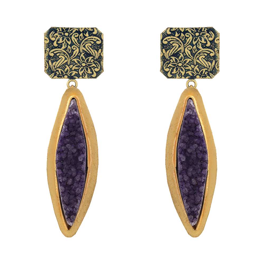 Malini- Unpolished natural stone embedded Dangler Earrings(Blue)