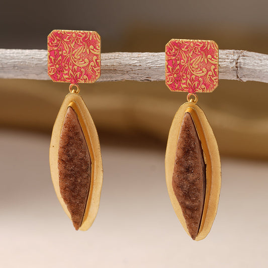 Malini- Unpolished natural stone embedded Dangler Earrings(Brown)