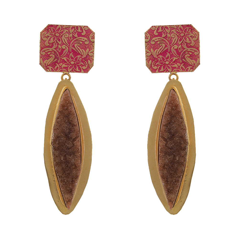 Malini- Unpolished natural stone embedded Dangler Earrings(Brown)