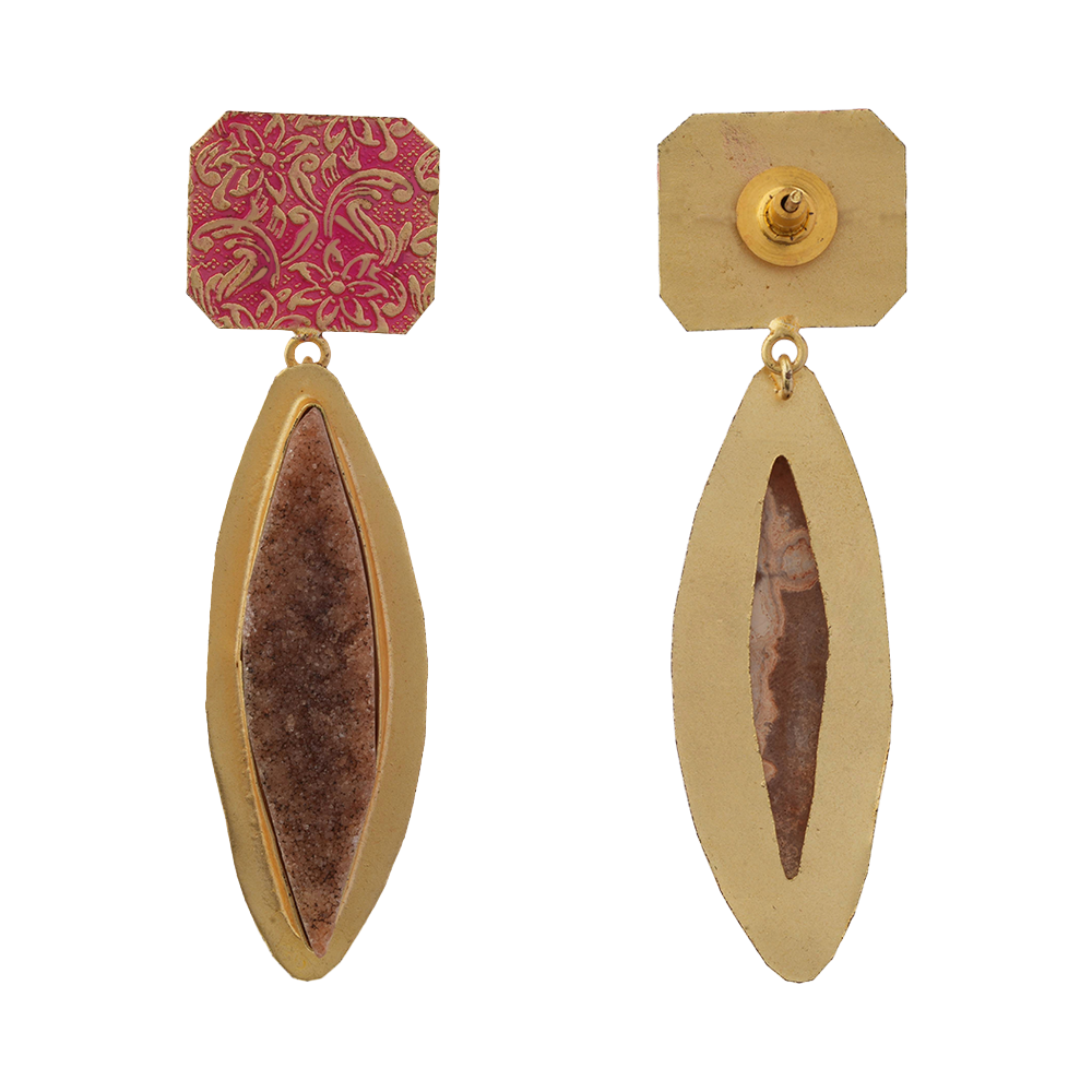Malini- Unpolished natural stone embedded Dangler Earrings(Brown)