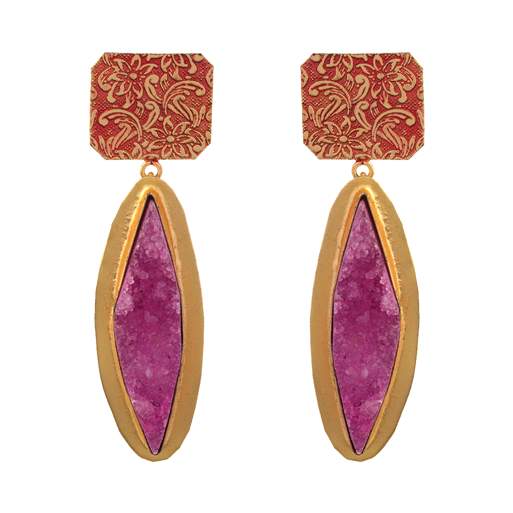 Malini- Unpolished natural stone embedded Dangler Earrings(Pink)