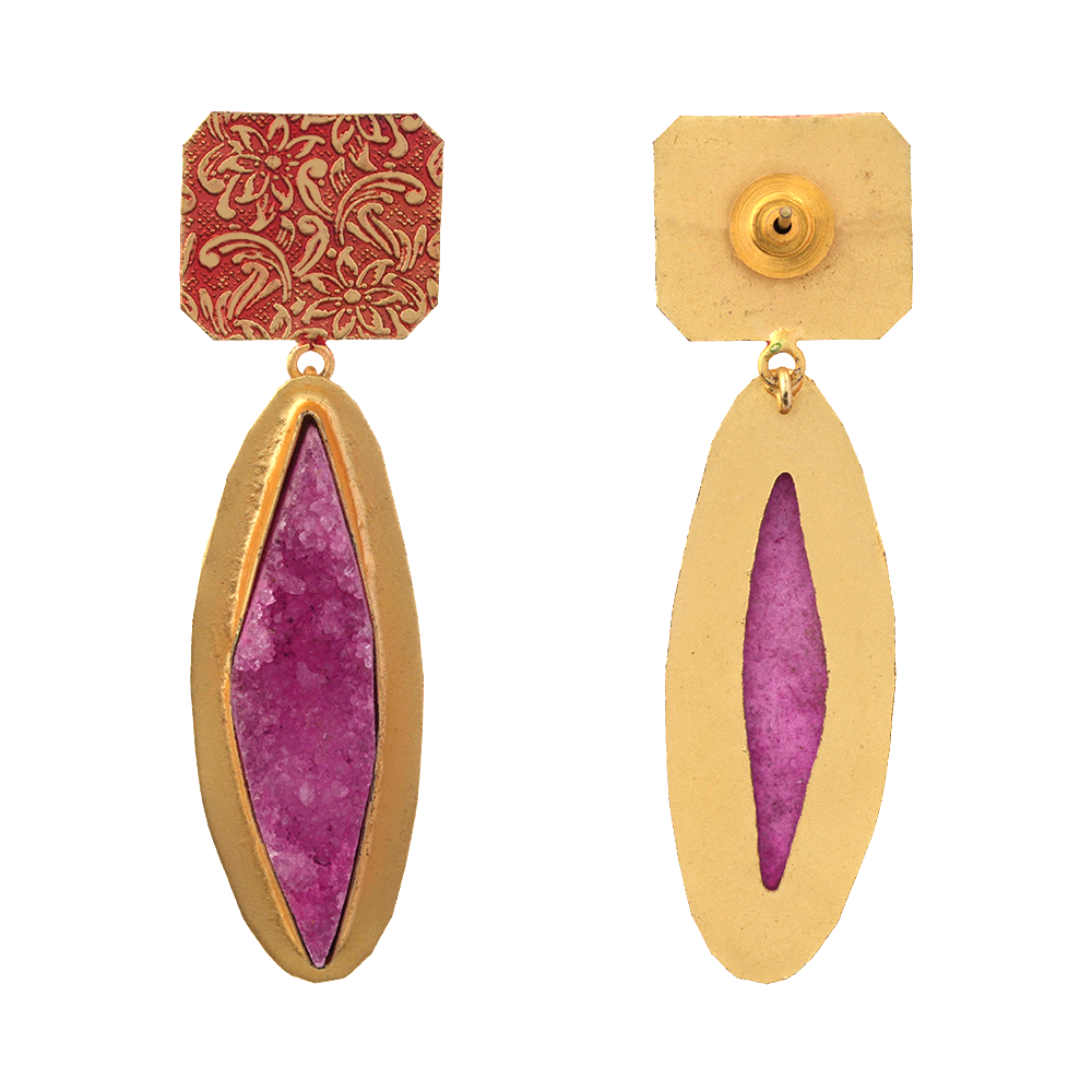 Malini- Unpolished natural stone embedded Dangler Earrings(Pink)