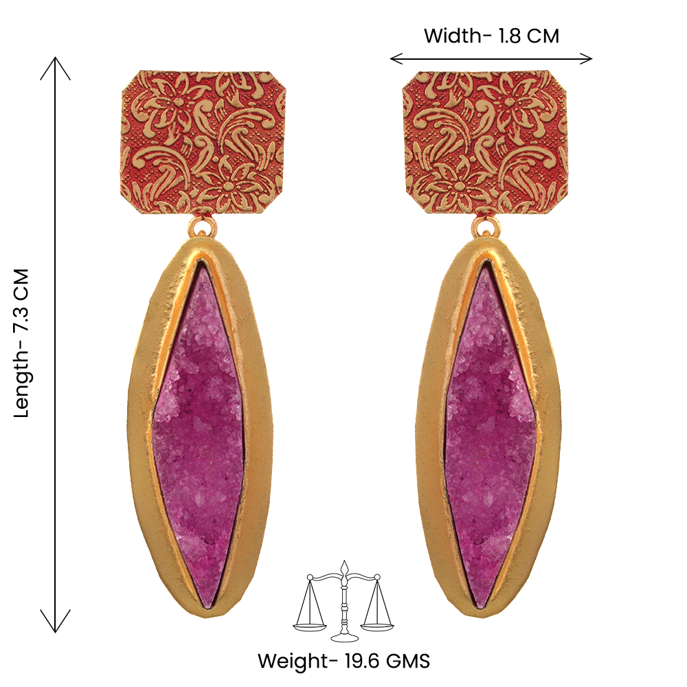 Malini- Unpolished natural stone embedded Dangler Earrings(Pink)