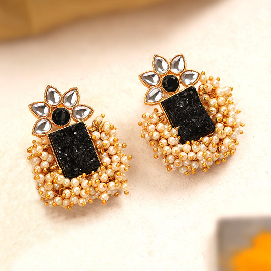 Mishka- Stone Studded Pearl Framed Stud Earrings