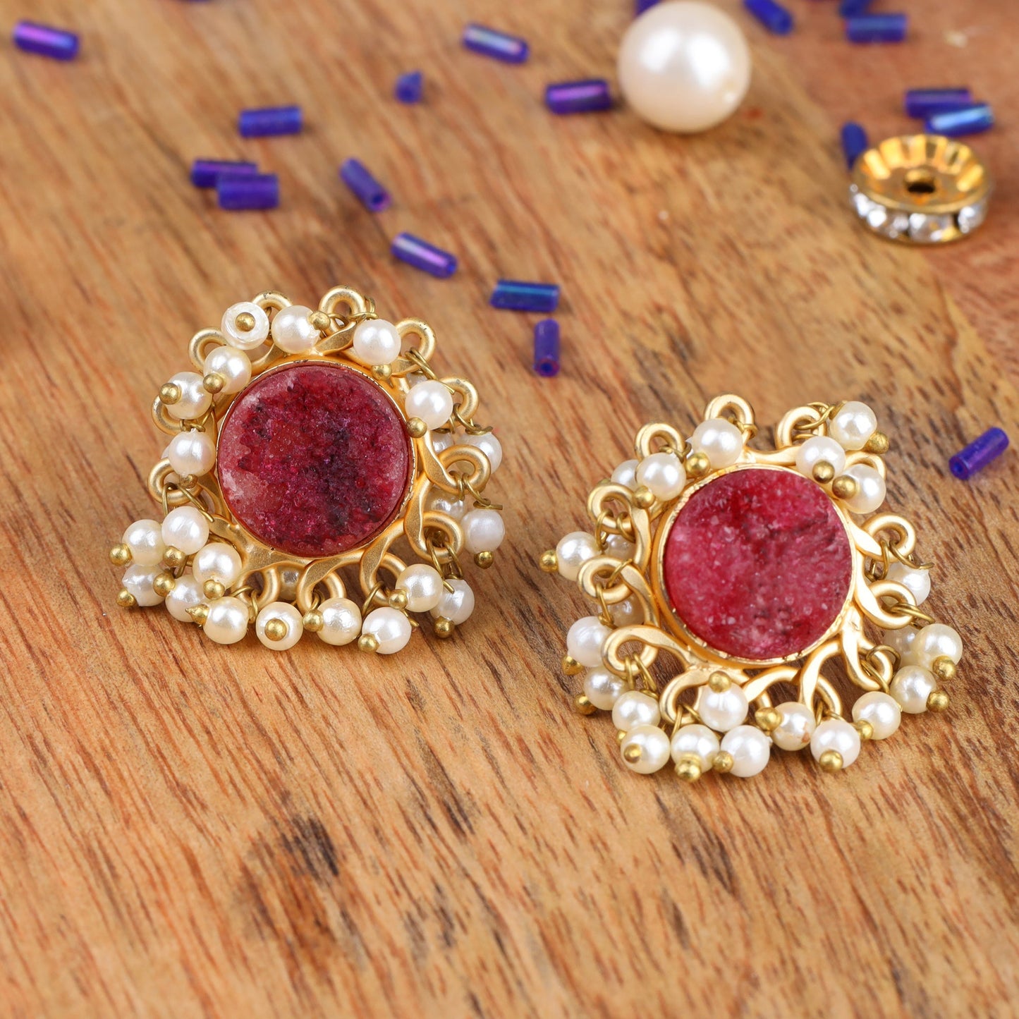 Navya- Stone Studded Hanging Pearls Stud Earrings