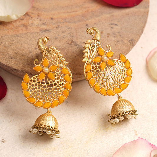 Prisha- Stone Studded Hanging Pearl Jhumki Earrings(Yellow)