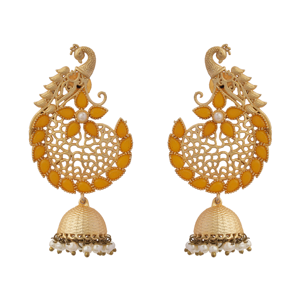 Prisha- Stone Studded Hanging Pearl Jhumki Earrings(Yellow)