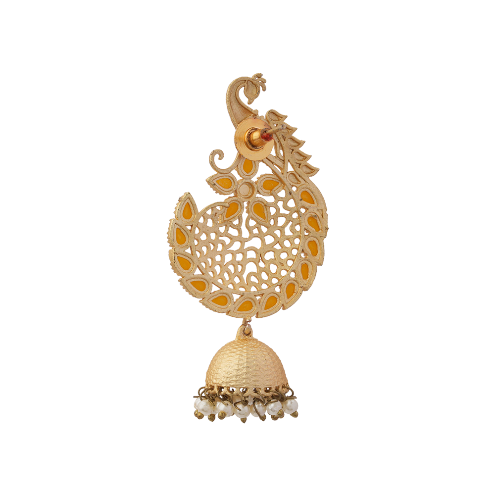 Prisha- Stone Studded Hanging Pearl Jhumki Earrings(Yellow)