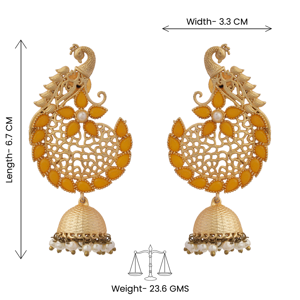 Prisha- Stone Studded Hanging Pearl Jhumki Earrings(Yellow)