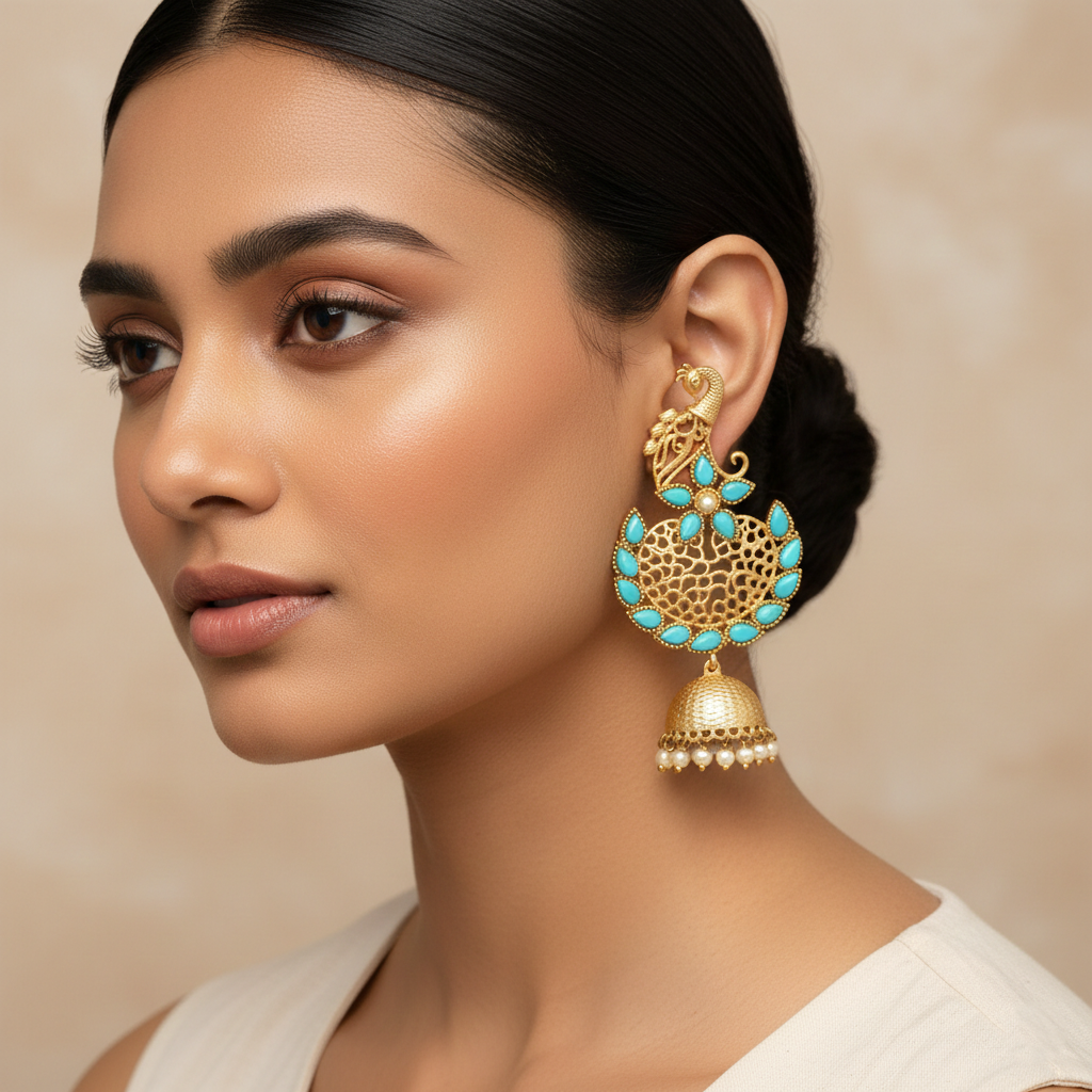Prisha- Stone Studded Hanging Pearl Jhumki Earrings(Yellow)