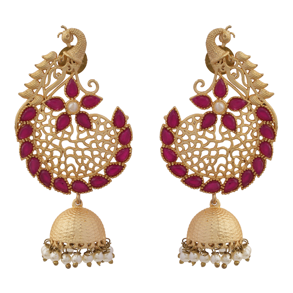 Prisha- Stone Studded Hanging Pearl Jhumki Earrings(Dark Red)