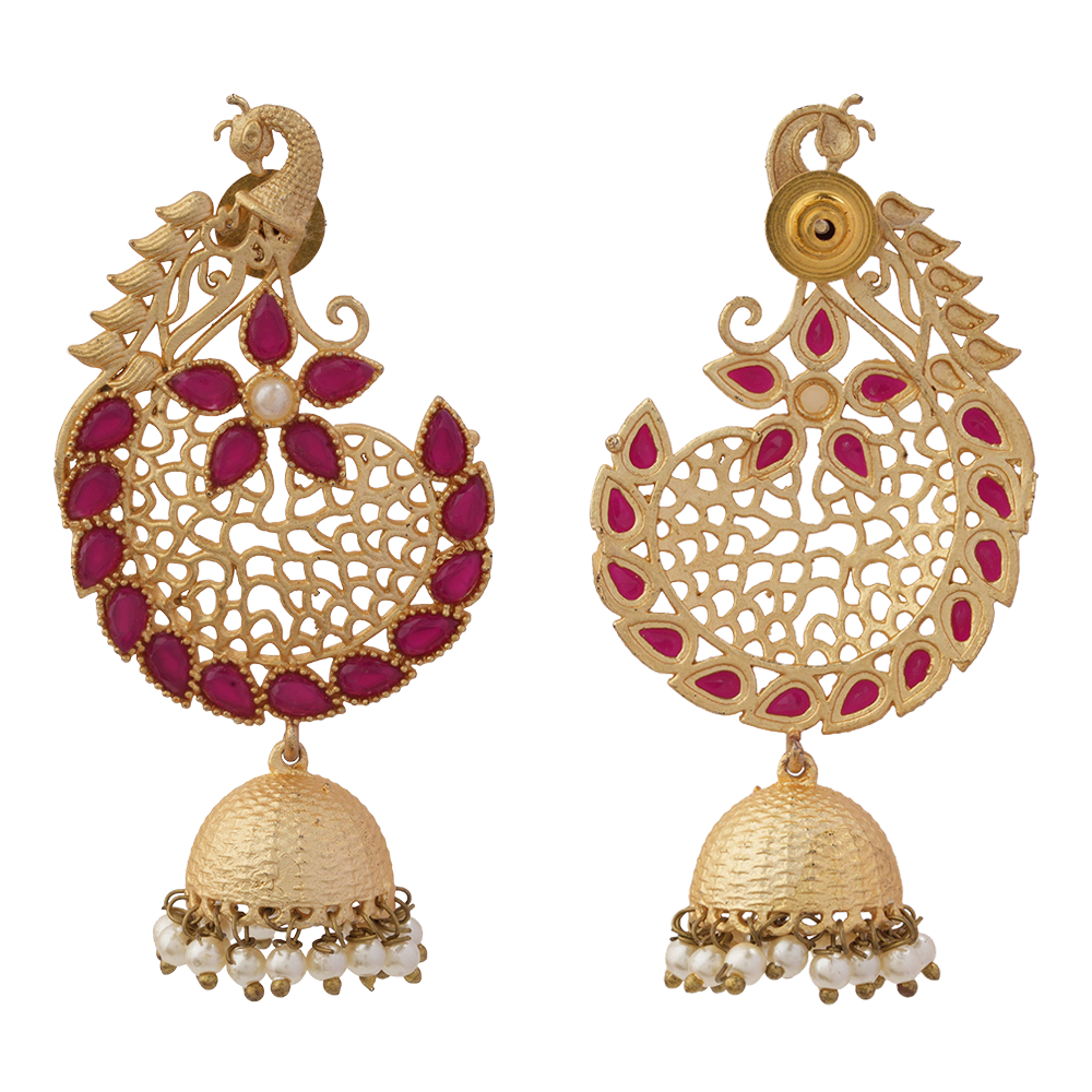 Prisha- Stone Studded Hanging Pearl Jhumki Earrings(Dark Red)