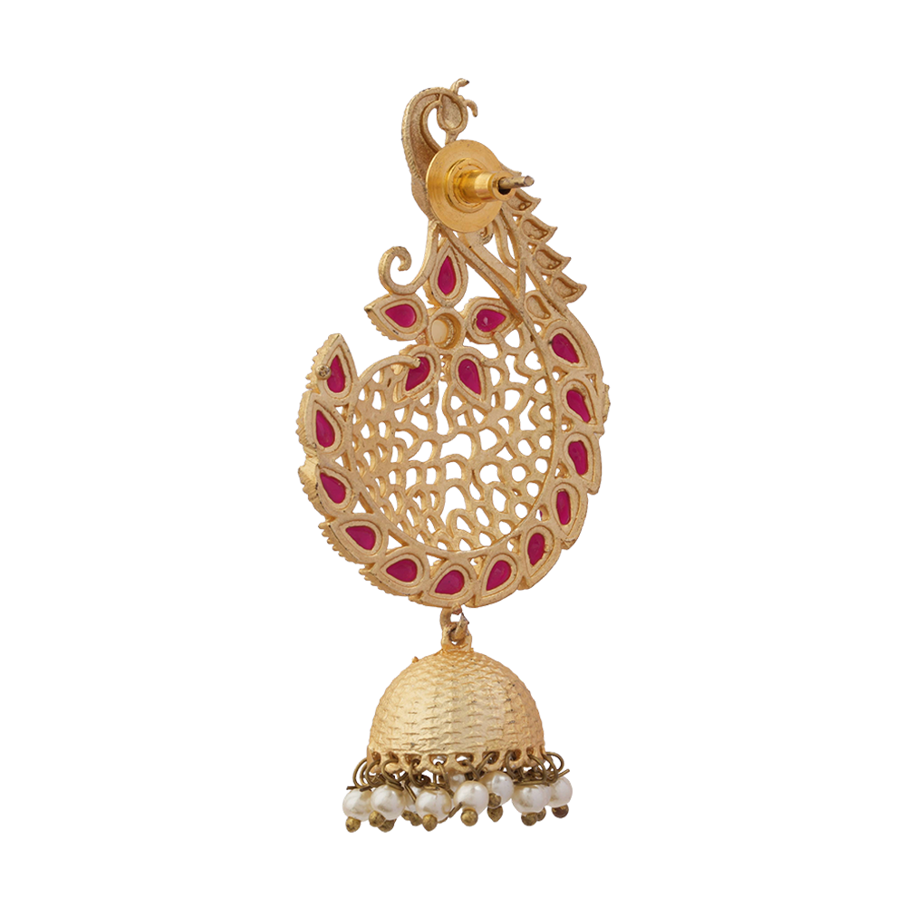 Prisha- Stone Studded Hanging Pearl Jhumki Earrings(Dark Red)