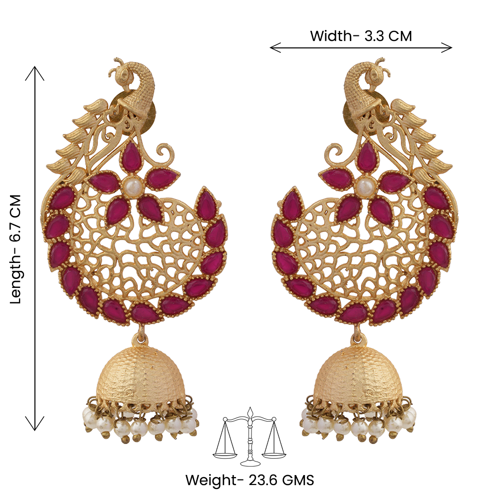 Prisha- Stone Studded Hanging Pearl Jhumki Earrings(Dark Red)