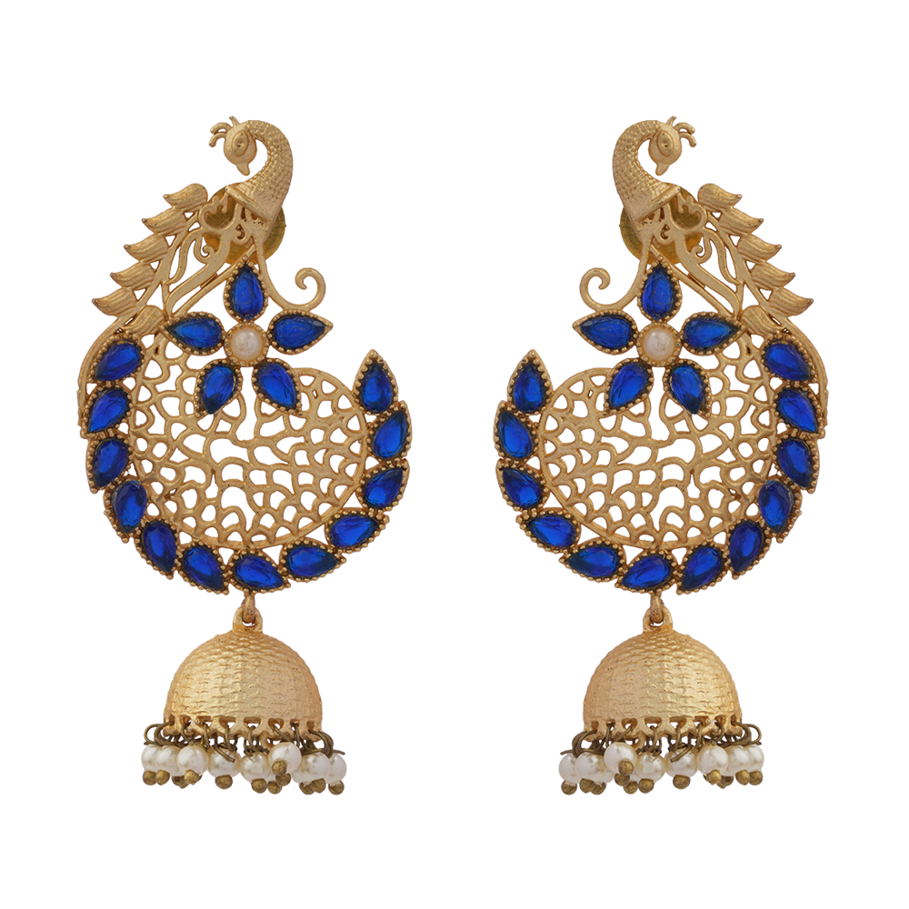 Prisha- Stone Studded Hanging Pearl Jhumki Earrings(Navy Blue)