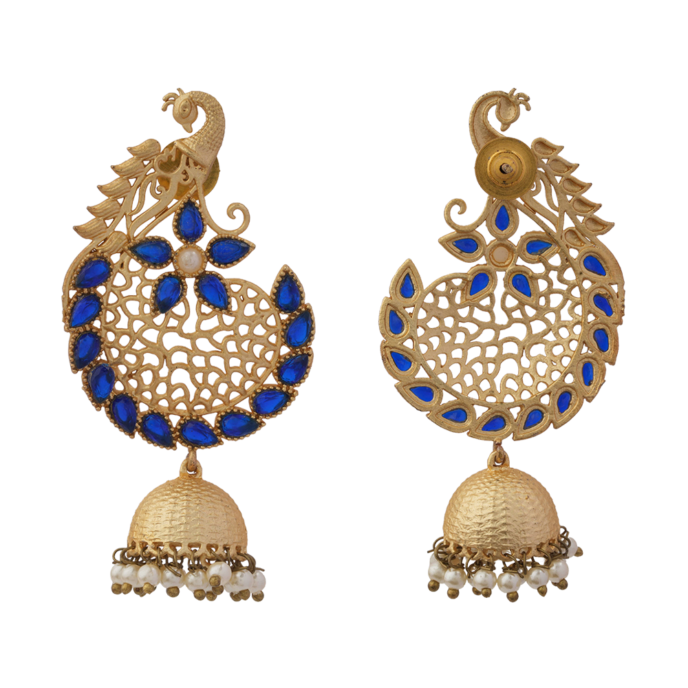 Prisha- Stone Studded Hanging Pearl Jhumki Earrings(Navy Blue)