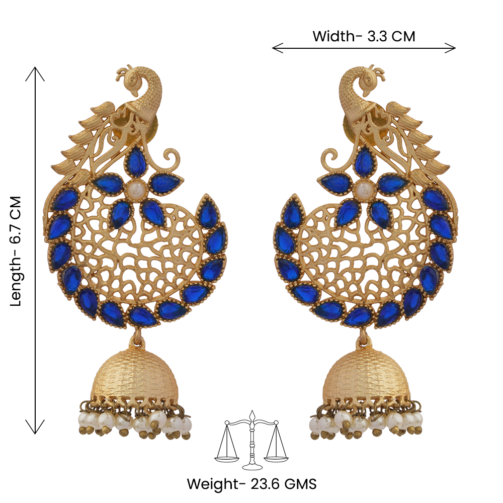 Prisha- Stone Studded Hanging Pearl Jhumki Earrings(Navy Blue)