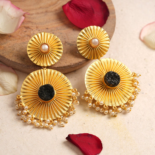Radha- Natural Stone Studded Dangler Earrings(Black)