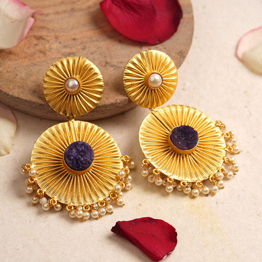 Radha- Natural Stone Studded Dangler Earrings(Purple)