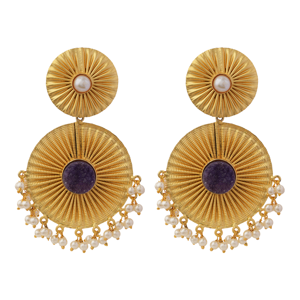 Radha- Natural Stone Studded Dangler Earrings(Purple)