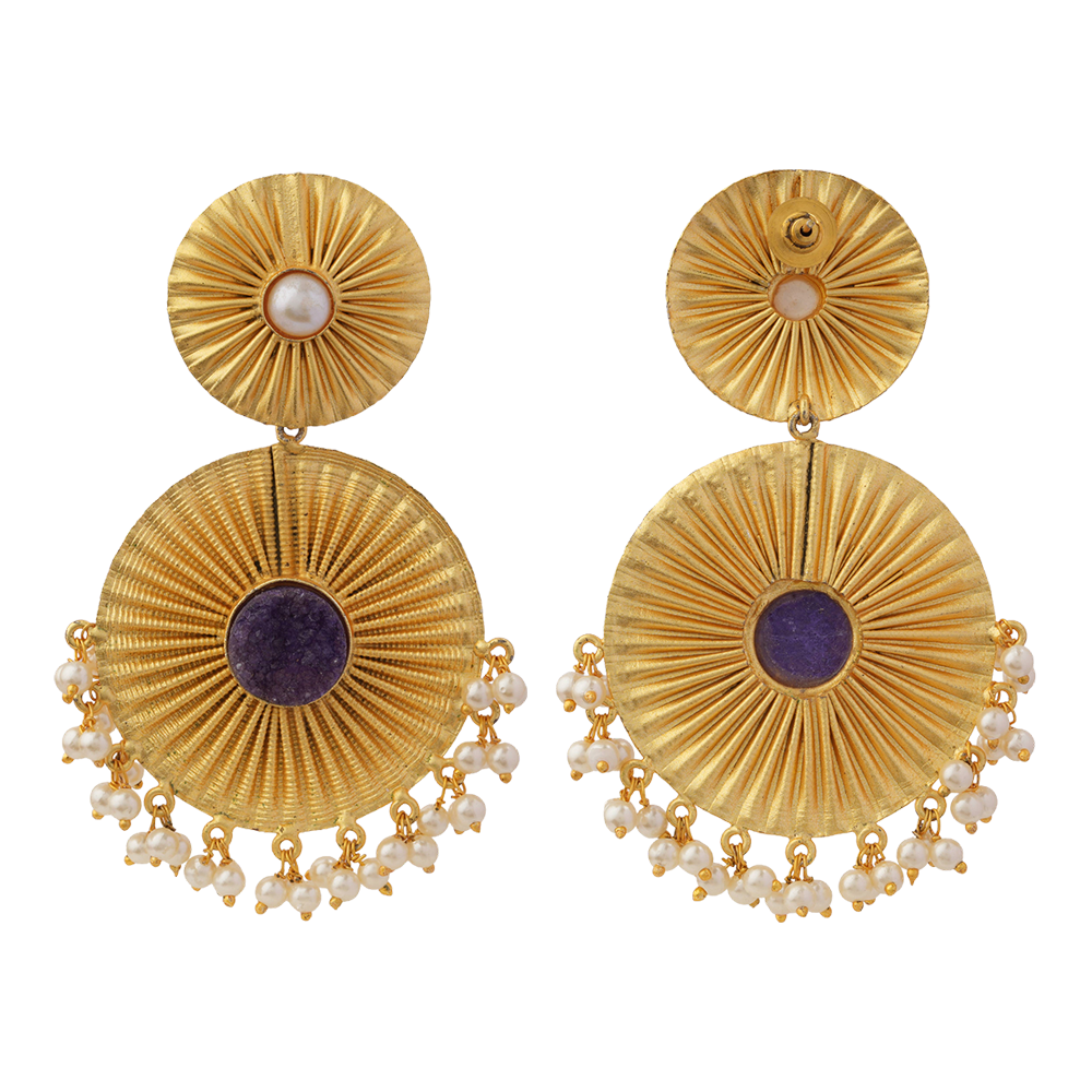 Radha- Natural Stone Studded Dangler Earrings(Purple)