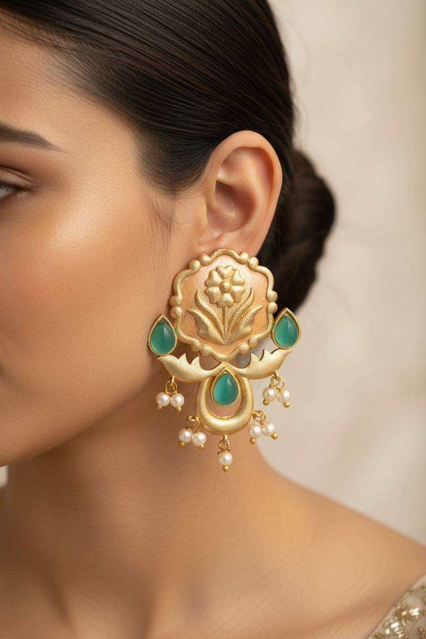 Ritika- Stone Studded Hanging Pearls Dangler Earrings(Green)