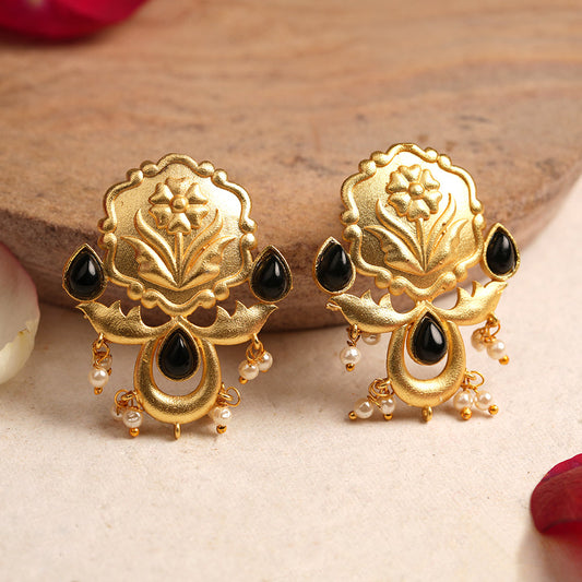 Ritika- Stone Studded Hanging Pearls Dangler Earrings(Black)