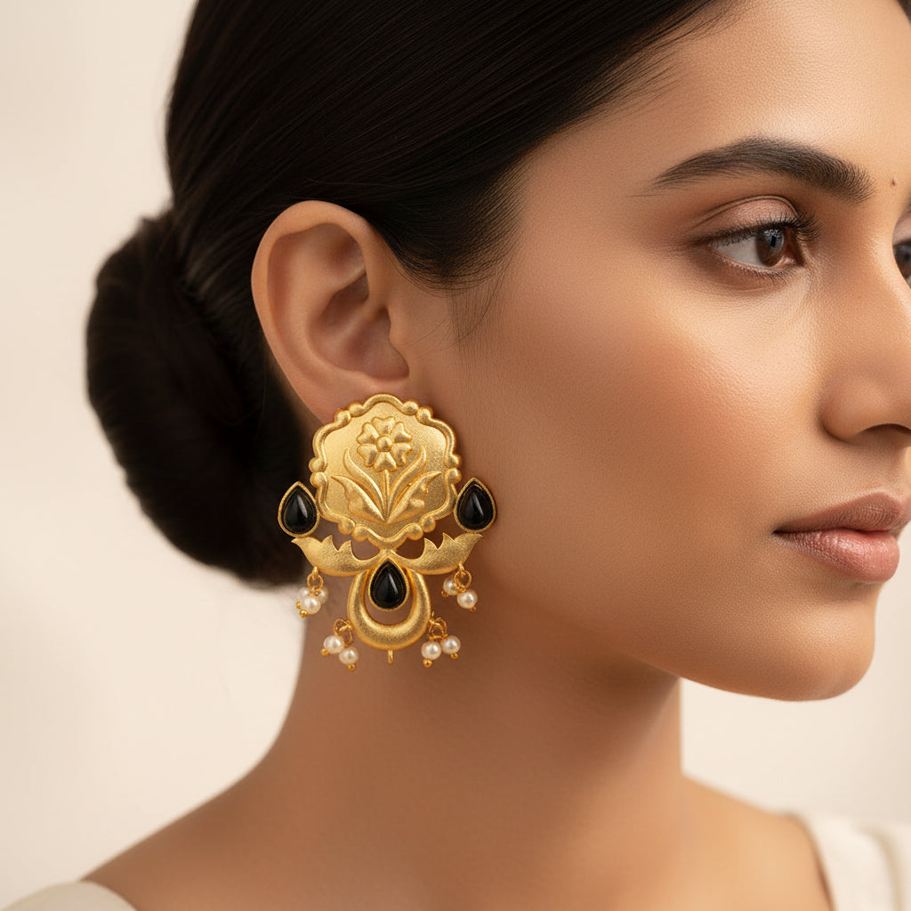 Ritika- Stone Studded Hanging Pearls Dangler Earrings(Black)