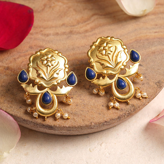 Ritika- Stone Studded Hanging Pearls Dangler Earrings(Blue)