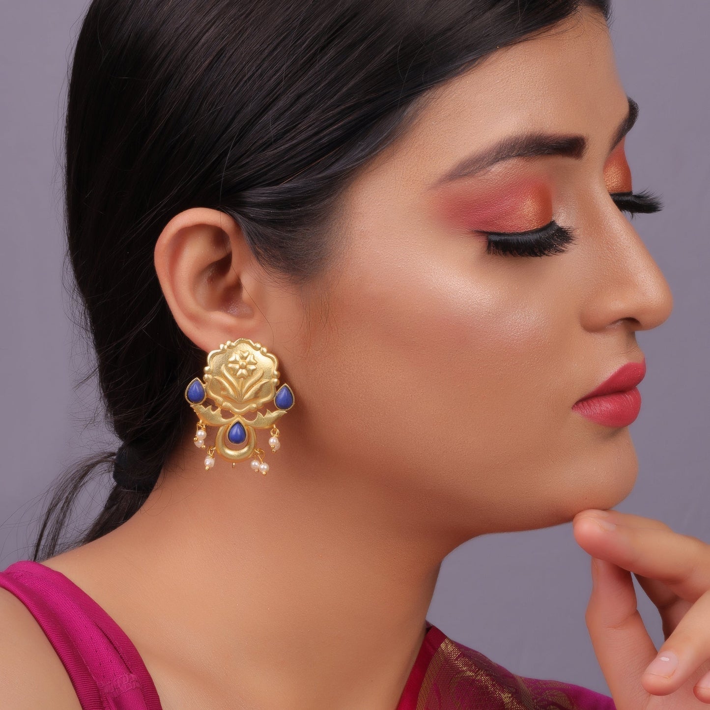 Ritika- Stone Studded Hanging Pearls Dangler Earrings(Blue)