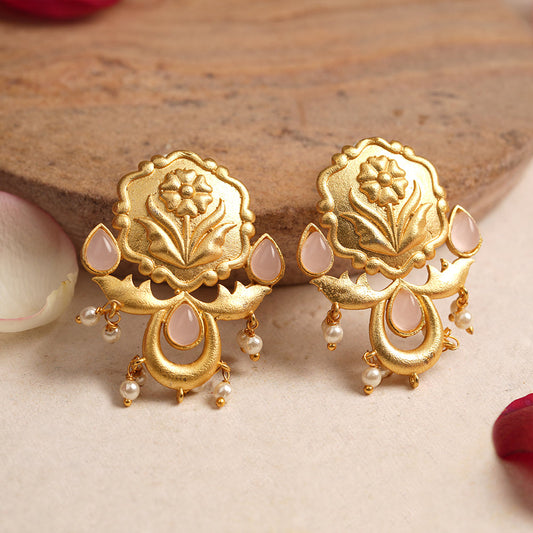 Ritika- Stone Studded Hanging Pearls Dangler Earrings(Baby Pink)